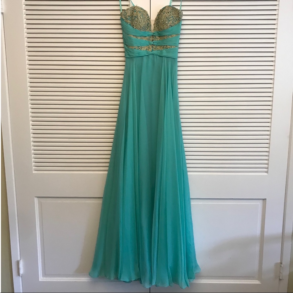 La Femme Strapless Dress in Teal and Gold - Picture 2 of 4